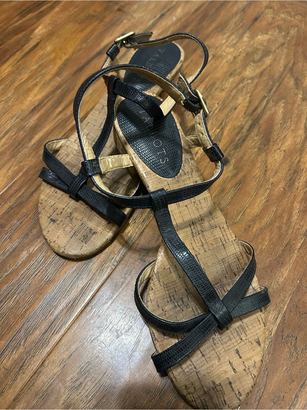 Talbots Black Strappy Leather Sandals with Cork Wedge Heel